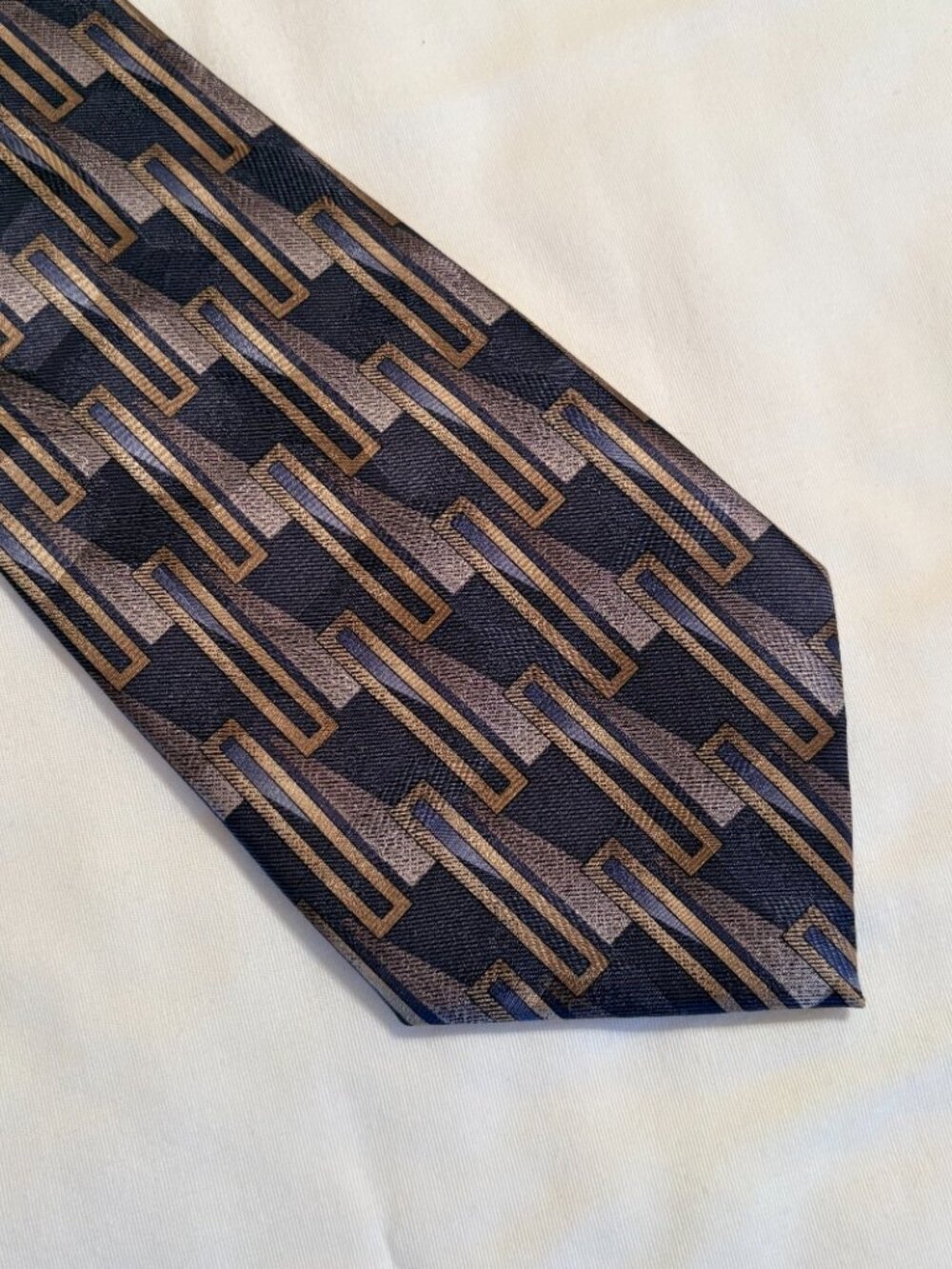 Mario Ferrari Silk Tie 4" Wide Navy Taupe Silver Gray Geometric Vintage